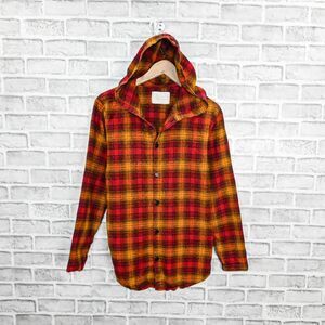 ORO Los Angeles Men's Hooded Flannel Shirt Red Orange Plaid size Small